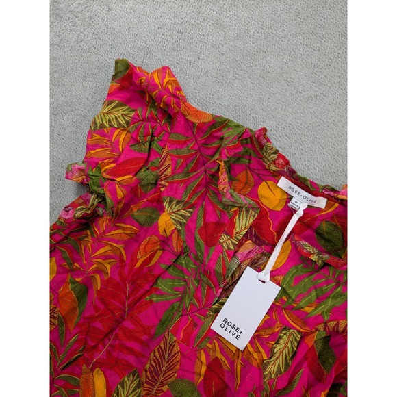 Rose + Olive Tops - Rose + Olive Tropical Floral Flutter Sleeve Blouse Pink Green Rayon Medium NWT
